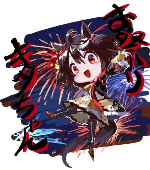 1girl animal_ears black_haori black_thighhighs brown_shoes chibi commentary_request dress haori horse_ears horse_girl horse_tail inishie_kumo japanese_clothes kitasan_black_(crowning_ooban)_(umamusume) kitasan_black_(umamusume) looking_at_viewer open_mouth red_eyes shoes short_hair solo tail thighhighs translation_request two_side_up umamusume yellow_dress