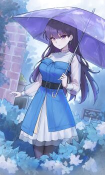 1girl absurdres animal_ears bang_dream! bang_dream!_it's_mygo!!!!! belt black_belt black_pantyhose breasts chinese_commentary closed_mouth commentary_request flower highres holding holding_umbrella hydrangea large_breasts long_hair looking_at_viewer mole mole_under_eye pantyhose purple_eyes rain shiina_taki shirt solo umbrella unique_(pixiv12704744) white_shirt