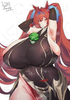 Rule 34 | 1girl, absurdres, alternate breast size, animal ears, areola slip, armpits, arms behind head, arms up, black dress, black gloves, blush, breasts, broccoli, china dress, chinese clothes, daiwa scarlet (umamusume), daiwa scarlet umamusume, dress, elbow gloves, gigantic breasts, gloves, hair intakes, highres, horse ears, horse girl, long hair, nipples, pencil9, red eyes, red hair, sleeveless, sleeveless dress, solo, sweat, thick thighs, thighs, tiara, twintails, umamusume, very long hair, white background