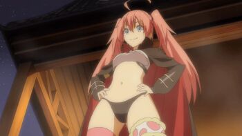 1girl black_panties blue_eyes hands_on_own_hips milim_nava navel panties pink_hair screencap smile tensei_shitara_slime_datta_ken twintails underwear