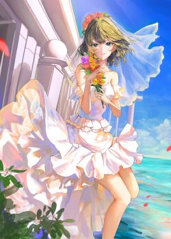 1girl bare_shoulders blue_eyes blue_sky bouquet brown_hair cloud commentary_request day dress flower highres holding holding_bouquet idolmaster idolmaster_cinderella_girls looking_at_viewer nyome991 ocean off-shoulder_dress off_shoulder outdoors sky solo takagaki_kaede veil white_dress