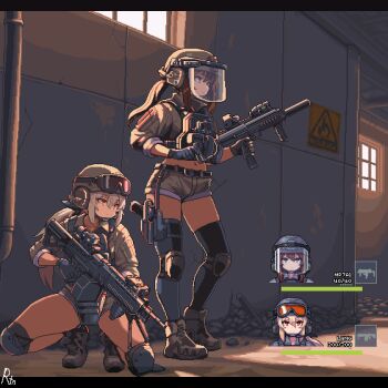 2girls ammunition_pouch backlighting black_gloves blonde_hair blue_eyes boots brown_hair bulletproof_vest combat_boots combat_helmet combat_shirt commission cropped_shirt e79 faceplate glock gloves gun h&amp;k_mp7 hair_between_eyes handgun helmet holster indoors kac_lamg machine_gun multiple_girls orange_eyes original pixel_art ponytail pouch rubble short_hair submachine_gun swat_girl_(not-a-bot) termichan_(not-a-bot) thigh_holster user_interface weapon window