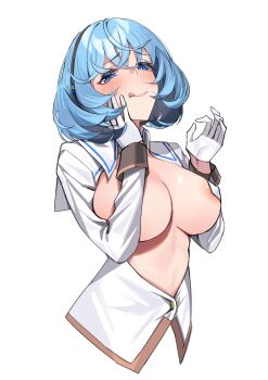 1girl :q absurdres areola_slip bairimeng black_hairband blue_eyes blue_hair blush breasts chinese_commentary coat commentary_request cropped_torso furrowed_brow gloves hairband half-closed_eyes hand_on_own_cheek hand_on_own_face hands_up highres large_breasts long_sleeves looking_at_viewer minotsuki_academy_school_uniform naughty_face nukigee_mitai_na_shima_ni_sunderu_watashi_wa_dou_surya_ii_desu_ka? ok_sign onabuta_ikuko pasties revealing_clothes revision school_uniform short_hair simple_background solo tongue tongue_out transparent_background white_coat white_gloves