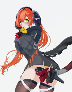 1girl 1other black_hat black_horns blush breasts commentary covering_ass covering_own_mouth covering_privates curled_horns dragon_girl dragon_horns fingerless_gloves from_behind gloves green_eyes hair_between_eyes hat horns long_hair looking_at_viewer magus_(zenless_zone_zero) mechanical_horns mechanical_tail orange_hair orange_pupils orphie_magnusson pointy_ears sorrow924 tail thighhighs thighs twintails zenless_zone_zero