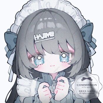 1girl :3 artist_name blue_bow blue_eyes blue_jacket blush bow closed_mouth commentary commission hair_bow hair_ornament hands_up jacket jersey_maid long_sleeves looking_at_viewer maid maid_headdress original portrait sample_watermark simple_background smile solo symbol-only_commentary track_jacket unconventional_maid upa_papa_co watermark watermark_grid white_background zipper