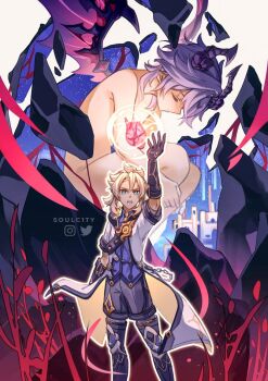 2boys albedo_(genshin_impact) arm_up artist_name belt black_belt black_boots black_gloves black_horns black_shorts black_wings blonde_hair blue_eyes blue_shirt boots chain closed_eyes closed_mouth coat commentary crossed_bangs dragon_boy dragon_horns dragon_wings durin_(genshin_impact) elbow_gloves english_commentary genshin_impact gloves hair_between_eyes heart_(organ) hood hood_down hooded_coat horns hugging_own_legs instagram_logo looking_at_viewer male_focus medium_hair multiple_boys nude open_clothes open_coat open_mouth outline parted_bangs plant purple_hair shirt short_sleeves shorts soulc1ty standing teeth thigh_boots twitter_logo upper_teeth_only v-shaped_eyebrows vision_(genshin_impact) white_coat white_outline wings