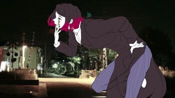 1boy aqua_eyes asymmetrical_bangs black_hair black_jacket bonnouji_(kanikamapurin) buttons coattails colored_skin colored_tips commentary_request cowboy_shot demon_boy enmu_(kimetsu_no_yaiba) facial_mark finger_to_mouth flat_color from_side hand_on_own_hip highres jacket kimetsu_no_yaiba leaning_forward long_sleeves looking_ahead male_focus medium_hair multicolored_hair night outdoors pants parted_lips photo_background pinstripe_pants pinstripe_pattern profile purple_nails purple_pants shoes solo standing standing_on_one_leg suit_jacket symbol-shaped_pupils tailcoat tears_facial_mark trap undershirt villain_(vocaloid) white_shoes white_skin