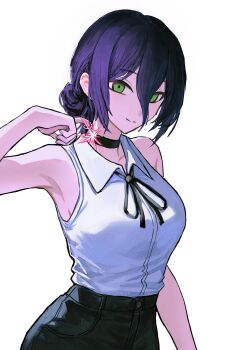 1girl black_choker black_ribbon black_shorts chainsaw_man choker closed_mouth collared_shirt green_eyes grenade_pin hair_between_eyes hair_bun highres imminent_explosion light_smile looking_at_viewer neck_ribbon purple_hair reze_(chainsaw_man) ribbon shirt shirt_tucked_in shorts simple_background skrillex_li sleeveless sleeveless_shirt solo white_background white_shirt