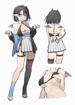 1girl :d absurdres asymmetrical_legwear bare_shoulders black_bra black_hair black_jacket black_thighhighs blue_eyes blue_hair blue_socks bra breasts chinese_commentary cleavage clothing_cutout colored_inner_hair commentary_request cropped_legs crossed_bangs fang full_body hair_between_eyes hands_up highres horns jacket large_breasts light_blush long_sleeves midori_fufu mismatched_legwear mole mole_on_breast multicolored_hair multiple_views navel off_shoulder open_mouth original pleated_skirt pointy_ears purple_horns purple_wings shoes simple_background single_thighhigh skirt small_horns smile socks standing stomach tail tail_through_clothes teeth thighhighs underwear upper_teeth_only white_background white_shoes white_skirt wings