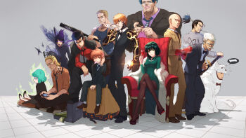 Rule 34 | 2girls, 6+boys, adjusting clothes, adjusting gloves, alcohol, alternate costume, anger vein, animal costume, aqua eyes, aqua hair, armchair, atomic samurai, backpack, bag, bald, bang (one-punch man), bankenman, baseball bat, beads, belt, biting, black bow, black bowtie, black dress, black hair, black necktie, black pants, black sclera, blonde hair, blue eyes, bone, bow, bowtie, breasts, brown footwear, brown legwear, brown necktie, brown shirt, candy, carrying over shoulder, chair, clenched hand, closed mouth, collared shirt, colored sclera, cup, curly hair, cushion, cyborg, dog costume, doutei (one-punch man), dress, dress shirt, drinking glass, facial mark, flats, food, food in mouth, formal clothes, frown, fubuki (one-punch man), fur trim, game console, genos, biting glove, gloves, glowing, glowing eyes, green dress, green eyes, hair slicked back, tucking hair, high heels, highres, holding, holding cup, holding drinking glass, holding weapon, jacket, jacket on shoulders, jewelry, katana, king (one-punch man), kinzoku bat, knitting, knitting needle, kokage no shita, leaning forward, lollipop, looking at viewer, machinery, motion blur, mouth hold, multiple boys, multiple girls, muscular, neck ribbon, necklace, necktie, needle, ninja, off shoulder, on chair, one-punch man, onsoku no sonic, orange hair, over shoulder, pants, pantyhose, paper, pink lips, ponytail, print shirt, puri puri prisoner, purple shirt, randoseru, red eyes, red gloves, red shirt, ribbon, saitama (one-punch man), scar, scar across eye, scar on face, shirt, shoes, short hair, shuriken, siblings, sisters, sitting, sleeves rolled up, smile, socks, speech bubble, spiked hair, spoken object, squatting, standing, suit, sword, tank top, tanktop master, tatsumaki, tile floor, tiles, topknot, traditional bowtie, weapon, weapon over shoulder, white gloves, wine, wine glass