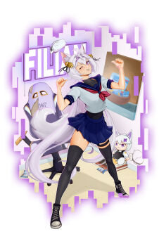 Rule 34 | 1girl, absurdres, animal ear fluff, animal ears, artist name, bell, black bodysuit, black ribbon, black shoes, black thighhighs, blue sailor collar, blue skirt, blush, bodysuit, bodysuit under clothes, book, brand name imitation, cat ears, cat girl, cat tail, chair, character name, collared shirt, commentary, crack, cracked wall, dandoart, electrical outlet, english commentary, eyelashes, filian (vtuber), food wrapper, full body, gaming chair, hair bell, hair between eyes, hair ornament, hair ribbon, head-mounted display, highres, indie virtual youtuber, legs apart, long hair, neckerchief, oculus headset, one eye closed, pointing, pointing at self, pointing with thumb, purple eyes, red neckerchief, ribbon, rindo (vrchat), sailor collar, school uniform, serafuku, shirt, shoes, short sleeves, signature, skirt, smile, solo, standing, stuffed toy, swivel chair, tail, thigh strap, thighhighs, twintails, very long hair, virtual youtuber, welch's, white hair, white shirt