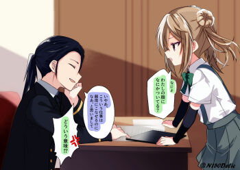 Rule 34 | 1boy, 1girl, admiral (kancolle), anger vein, arm support, arm warmers, black hair, black jacket, bow, bowtie, brown hair, chair, closed eyes, collared shirt, commentary request, cowboy shot, desk, double-parted bangs, double bun, from side, green bow, green bowtie, grey eyes, grey skirt, hair between eyes, hair bun, highres, ichigomaru d, indoors, jacket, kantai collection, leaning forward, long sleeves, looking at another, medium hair, michishio (kancolle), military uniform, naval dress uniform, naval uniform, open mouth, paper, pleated skirt, ponytail, shirt, short sleeves, short twintails, sidelocks, skirt, smile, speech bubble, suspender skirt, suspenders, translation request, twintails, twitter username, white shirt