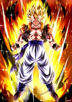 Rule 34 | 1boy, aura, black vest, blue sash, clenched hands, cropped vest, dragon ball, dragonball z, full body, gogeta, green eyes, highres, male focus, medium hair, metamoran vest, muscular, muscular male, pants, sash, solo, soumarudb, spiked hair, super saiyan, super saiyan 1, vest, white pants