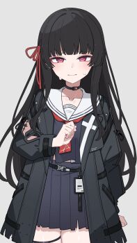 1girl black_choker black_hair black_shirt black_skirt bright_pupils chisa_(wuthering_waves) choker closed_mouth commentary_request cowboy_shot grey_background hair_ribbon hand_up highres long_hair long_sleeves mikokomiyazawa red_eyes red_ribbon ribbon shirt simple_background skirt solo tacet_mark_(wuthering_waves) thigh_strap white_pupils wuthering_waves