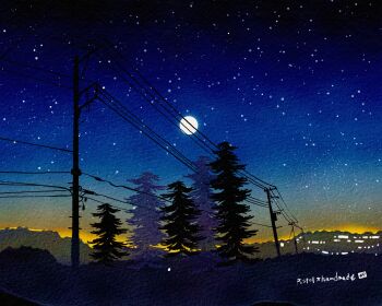 commentary_request full_moon gradient_sky highres moon night no_humans orange_sky original pistol_handmade_(artist) power_lines scenery sky tree utility_pole