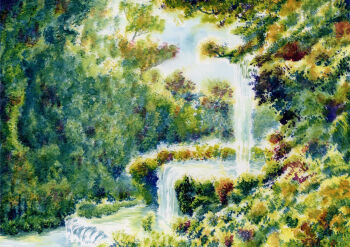 commentary_request day foliage green_theme highres kyuui landscape nature no_humans original outdoors painting_(medium) scenery stream traditional_media water watercolor_(medium) waterfall