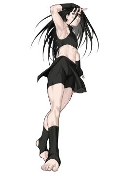 Rule 34 | 1boy, absurdres, arm up, armpits, black gloves, black shorts, black socks, cbow, crop top, elbow gloves, envy (fma), evil grin, evil smile, fingerless gloves, from below, full body, fullmetal alchemist, gloves, grin, highres, long hair, looking at viewer, male focus, shorts, simple background, skin tight, smile, socks, solo, toeless socks, white background