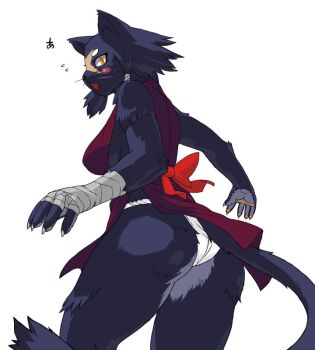 Rule 34 | 1girl, animal ears, ass, bandages, blush, breasts, fang, female focus, furry, furry female, kemonon, looking back, ninja, open mouth, orange eyes, ribbon, simple background, solo, tail, white background