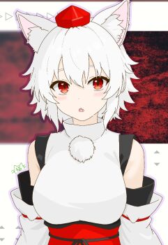 1girl animal_ears commentary detached_sleeves fang hat inubashiri_momiji looking_at_viewer nekoshi_(d_n_49) open_mouth pom_pom_(clothes) red_eyes red_hat shirt short_hair signature skin_fang sleeveless sleeveless_shirt solo tokin_hat touhou turtleneck turtleneck_shirt upper_body white_hair white_shirt white_sleeves wolf_ears wolf_girl