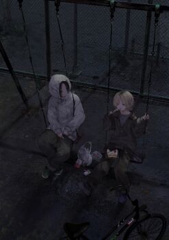 2girls absurdres bag bicycle black_hair black_jacket black_pants blonde_hair cake chain-link_fence cigarette cigarette_pack eating fence food fork hair_over_one_eye highres holding holding_cigarette holding_fork hood hood_up hoodie jacket lighter moruhi multiple_girls on_swing original pants plastic_bag shoes short_hair sitting smoke smoking swing swing_set torn_clothes torn_pants white_hoodie