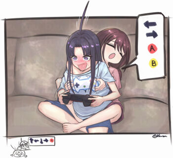 2girls ahoge awa_subaru black_hair blue_shirt blue_shorts brown_hair commentary_request controller game_controller girls_band_cry groping heart heart_in_mouth highres holding holding_controller holding_game_controller iseri_nina leg_lock long_hair multiple_girls parted_bangs pink_shirt purple_eyes shirt short_hair shorts sidelocks single_off_shoulder sitting tomare_(akashingou) yuri