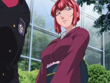 00s 1boy 1girl 2007 animated animated_gif anime_screenshot bible_black bible_black_new_testament breasts formal_clothes green_house japanese_clothes kimono large_breasts long_sleeves mature_female purple_eyes red_hair shin_bible_black short_hair smile suit tagme takashiro_hiroko tree yuge_toru yukata