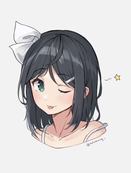 1girl ;p artist_name bare_shoulders black_hair blush borrowed_character closed_mouth collarbone commentary cropped_shoulders english_commentary green_eyes hair_ornament hair_ribbon hairclip hatching_(texture) head_tilt kurumi_(zero0ex) linear_hatching looking_at_viewer looking_to_the_side medium_hair one_eye_closed original parted_bangs portrait raised_eyebrow ribbon sideways_glance simple_background solo star_(symbol) strap_slip tofumang tongue tongue_out twitter_username white_background white_ribbon