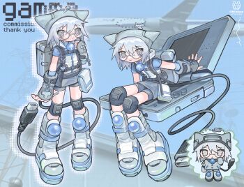 1girl absurdres aircraft airplane backpack bag blue_background boots borrowed_character cable cable_tail chibi commission commissioner_upload fingerless_gloves glasses gloves grey_eyes grey_shorts grey_skirt haka-baka handheld_game_console hat highres holding holding_stylus hood hood_down knee_boots knee_pads looking_at_viewer mechanical_tail medium_hair multiple_views nintendo_ds non-web_source original photo_background round_eyewear satchel shorts skeb_commission skirt smile stylus tail turtleneck twitter_username white_boots white_hair