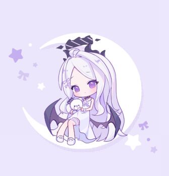 Rule 34 | 1girl, ahoge, black halo, blue archive, blush, commentary request, demon girl, demon horns, demon wings, halo, hina (blue archive), horns, long hair, looking at viewer, low wings, moon, oruorz, purple eyes, ribbon, sitting, solo, star (symbol), stuffed toy, very long hair, white hair, wings