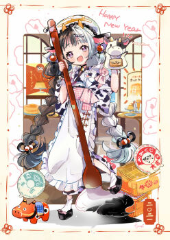 1girl 2021 :d animal_ears animal_print black_hair black_sandals blue_hair blush braid calligraphy_brush chinese_zodiac commentary_request cow_ears cow_girl cow_print full_body hand_puppet happy_new_year hat highres holding holding_calligraphy_brush holding_paintbrush japanese_clothes kimono long_hair looking_at_viewer multicolored_hair new_year okobo open_mouth original paintbrush platform_sandals print_kimono puppet purple_eyes sandals short_sleeves smile socks solo split-color_hair standing standing_on_one_leg tabi tsunoju twin_braids two-tone_hair white_hat white_kimono white_socks year_of_the_ox