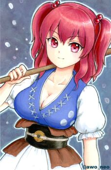 1girl awo_neo breasts cleavage closed_mouth coin coin_on_string collarbone commentary_request hair_bobbles hair_ornament large_breasts looking_at_viewer obi obidome onozuka_komachi over_shoulder puffy_short_sleeves puffy_sleeves red_eyes red_hair sash short_sleeves smile solo touhou traditional_media twitter_username two_side_up weapon weapon_over_shoulder