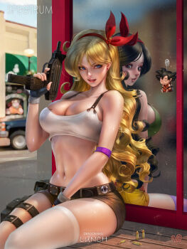 2girls armband bare_shoulders between_legs black_eyes black_hair blonde_hair blouse blue_eyes breasts bullet character_doll character_name cleavage clothing_cutout copyright_name covered_erect_nipples crop_top different_reflection doll dragon_ball dual_persona fictional_persona green_shirt gun hair_ribbon hand_between_legs highres large_breasts lips long_hair looking_at_another lunch_(bad)_(dragon_ball) lunch_(dragon_ball) lunch_(good)_(dragon_ball) machine_gun machine_pistol micro_uzi multiple_girls multiple_persona navel navel_cutout parted_lips purple_legwear reflection ribbon see-through_clothes see-through_shirt shell_casing shirt short_shorts shorts sitting son_goku submachine_gun tank_top thick_lips thick_thighs thighhighs thighs uzi very_long_hair weapon white_legwear white_shirt yam_spectrum