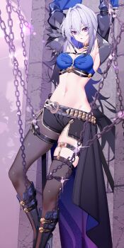 1girl armpits arms_up bandeau black_boots black_jacket black_pantyhose black_shorts blue_bandeau blue_hair boots bound breasts chain chinese_commentary cleavage commentary_request criss-cross_straps cropped_jacket crossed_bangs galbrena_(wuthering_waves) gold_choker grey_hair groin hair_between_eyes hair_intakes highres jacket knee_boots large_variant_set medium_breasts medium_hair midriff multicolored_hair nami_qi navel open_clothes open_jacket pantyhose parted_lips purple_eyes restrained short_shorts shorts sidelocks single_leg_pantyhose single_thighhigh single_wing skindentation solo sparkle standing textless_version thigh_strap thighhighs variant_set waist_cape wings wuthering_waves