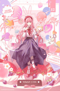 1girl :d absurdres ahoge animal_ears artist_name ascot bag balloon beret birthday birthday_cake blueberry blush_stickers bottle bow bowtie box buttons cake candle casual character-themed_food character_cake collared_shirt commission compact_(cosmetics) cosmetics crossed_legs dated dot_nose dotted_line double-breasted drawn_ears english_text facial_recognition finger_to_own_chin food fruit full_body gift gift_box glasses grey_shawl grey_skirt grid_background happy_birthday hat heart heart_balloon high_heels highres holding holding_plate jitome layer_cake letter light_blush lipstick_tube long_hair long_sidelocks long_skirt long_sleeves makeup_brush miracle_nikki momo_(nikki) nail_polish_brush nikki_(nikki) nikki_(series) notice_lines on_food open_mouth outline oversized_food oversized_object perfume_bottle pink-framed_eyewear pink_background pink_bow pink_eyes pink_hair pink_theme pinstripe_pattern pinstripe_shirt plaid_clothes plaid_skirt plate powder_puff rabbit_ears red_ascot red_bow red_bowtie red_hat red_shoes shawl shirt shoes shopping_bag sidelocks sitting skirt sleeve_cuffs smile socks sparkle straight-on strawberry t-bar_sandals text_background traditional_bowtie unworn_eyewear very_long_hair wax_seal whipped_cream whiskers white_outline white_shirt white_socks wing_collar youth_poem_(miracle_nikki) yuhaw0v0