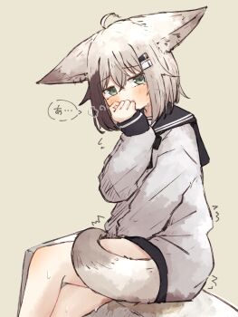 1girl animal_ears between_legs black_hair black_sailor_collar blush commentary_request fidgeting flying_sweatdrops fox_ears fox_girl fox_tail green_eyes grey_hair hair_ornament hairclip hand_between_legs have_to_pee highres kuon_(meguru_1225) long_sleeves looking_at_viewer meguru_1225 open_mouth original parallel_hairclips pee peeing peeing_self sailor_collar sailor_shirt shirt short_hair simple_background sitting solo tail trembling white_shirt