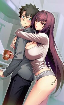 1boy 1girl absurdres black_hair blue_eyes blush breasts cleavage dynamitenatalia fate/grand_order fate_(series) fujimaru_ritsuka_(male) highres large_breasts long_hair long_sleeves purple_hair red_eyes scathach_(fate) short_hair thighs