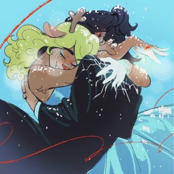 1girl 1other alternate_costume antlers black_hair blonde_hair blue_dress blue_eyeliner closed_eyes cryokinesis deer_antlers deer_girl deltarune dress ear_piercing earrings eyeliner furry furry_female highres horns hug jewelry kleahvii kris_(deltarune) makeup noelle_holiday piercing ponytail ring short_ponytail snowing thorn_ring_(deltarune) utdr_(toby_fox) weird_route_(deltarune)