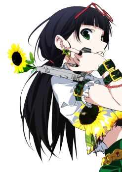 Rule 34 | 1girl, black hair, blunt bangs, character request, copyright request, eyewear on head, floral print, flower, glasses, green eyes, gun, highres, holding, holding gun, holding weapon, insomnia (insomnia plus), long hair, looking at viewer, parted lips, print shirt, red-framed eyewear, shirt, short sleeves, simple background, solo, sunflower, upper body, weapon, white background, white shirt, wrist belt, yellow flower