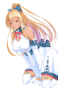 1girl blonde_hair breasts cleavage cleavage_cutout clothing_cutout commentary_request dark-skinned_female dark_elf dark_skin detached_sleeves dress elf garter_straps highres hiro_(phese) hololive large_breasts long_hair looking_at_viewer multicolored_hair pointy_ears ponytail red_eyes shiranui_flare shiranui_flare_(1st_costume) streaked_hair thighhighs virtual_youtuber white_background white_dress white_garter_straps white_sleeves white_streaks white_thighhighs