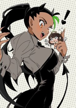 ! 2girls alternate_costume angel_and_devil angel_wings anna_(pokemon) bat_wings black_dress black_hair black_horns black_tail black_wings blush breasts brown_hair collared_shirt cowboy_shot crying crying_with_eyes_open curvy dark-skinned_female dark_skin demon_girl demon_horns demon_tail demon_wings dress fang fingernails flying_sweatdrops green_hair grey_shirt halo heart highres holding holding_mini_person horns inunuki_000 juliet_sleeves large_breasts leather_dress long_hair long_sleeves looking_at_another mini_person minigirl multicolored_hair multiple_girls narrow_waist nemona_(pokemon) nintendo open_mouth orange_eyes pointy_ears pokemon pokemon_sv ponytail puffy_sleeves sharp_fingernails shirt short_hair size_difference smile streaked_hair tail tears teeth two-tone_hair upper_teeth_only very_long_fingernails wings yuri