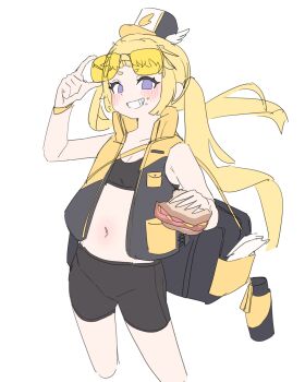 1girl absurdres adjusting_eyewear bag black_shorts black_sports_bra blonde_hair bottle breasts cleavage commentary delivery eating eyewear_on_head food gya_rb hat highres holding looking_at_viewer navel purple_eyes sandwich short_shorts shorts shoupan_(trickcal) side_ponytail simple_background sleeveless small_breasts smile solo sports_bra standing teeth trickcal white_background winged_hat