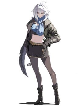 1girl absurdres artist_logo ayj_(ayoungart) black_boots black_gloves black_jacket black_pantyhose black_skirt blue_bra boots bra breasts commentary english_commentary galbrena_(wuthering_waves) gloves grey_hair hand_on_own_hip high_heel_boots high_heels highres jacket logo long_sleeves looking_at_viewer medium_breasts medium_hair navel pantyhose purple_eyes simple_background skirt solo standing stomach underwear white_background wuthering_waves