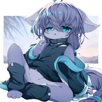 1boy :o absurdly_long_hair ahoge androgynous animal_ear_piercing aqua_eyes body_fur bottomless crossed_bangs fewer_digits hair_between_eyes highres jacket leg_warmers long_hair low-tied_long_hair male_focus nefraito no_penis open_clothes open_jacket original pawpads purple_fur purple_hair sitting sleeveless sleeveless_sweater solo spread_legs sweater turtleneck turtleneck_sweater very_long_hair