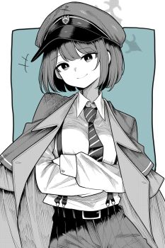 Rule 34 | 1girl, belt, blue archive, bob cut, coat, coat on shoulders, commentary request, crossed arms, diagonal-striped clothes, diagonal-striped necktie, green background, greyscale, hat, highres, hiromi (blue archive), kinkuri07651, looking at viewer, monochrome, necktie, peaked cap, shirt, short hair, smile, solo, striped clothes, suspenders, white shirt