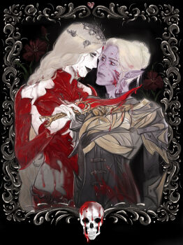 Rule 34 | 2girls, armor, baldur's gate, baldur's gate 3, black background, black eyeshadow, black lips, blonde hair, blood, blood in hair, blood on clothes, blood on face, bodysuit, border, braid, colored skin, cowboy shot, cuts, dagger, detached sleeves, dungeons & dragons, dungeons &amp; dragons, elf, eye contact, eyeshadow, flower, hair bun, headpiece, highres, holding, holding dagger, holding knife, holding weapon, injury, knife, long hair, looking at another, low-braided long hair, low-tied long hair, maimai cuishu, makeup, minthara, multiple girls, orin the red, ornate border, pauldrons, pointy ears, red bodysuit, red eyes, red flower, short hair, shoulder armor, single braid, single hair bun, skull, smile, weapon, white eyes, white skin