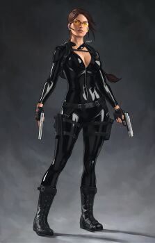 1girl abstract_background absurdres asymmetrical_hair backpack bag belt black_background black_bag black_belt black_bodysuit black_boots black_gloves bodysuit boots braid braided_ponytail breasts brown_eyes brown_hair cleavage collarbone collared_bodysuit dalejomej dual_wielding earphones earpiece facing_viewer fingerless_gloves floating_hair front_zipper gloves gradient_background grey_background gun highres holding holding_gun holding_weapon lara_croft large_breasts leather_bodysuit lips long_hair long_sleeves looking_to_the_side mature_female pouch red_lips signature single_braid solo sunglasses thigh_pouch tinted_eyewear tomb_raider weapon yellow-tinted_eyewear zipper