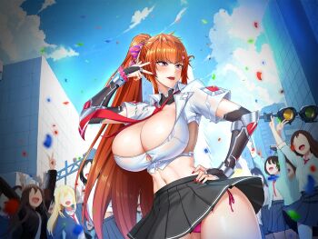 6+girls adapted_costume alternate_hairstyle blonde_hair blue_sky blush bodysuit breasts brown_hair city day game_cg hand_on_own_hip highres huge_breasts impossible_clothes impossible_shirt kamimura_maika lilith-soft long_hair looking_at_another miniskirt multiple_girls navel official_art open_mouth panties ponytail school_uniform shiny_skin shirt side-tie_panties skirt sky standing sweatdrop taimanin_(series) taimanin_rpgx underwear v very_long_hair w wide_hips