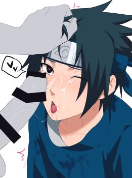 2boys after_fellatio bar_censor black_eyes black_hair blush censored cum facial_hair fellatio hand_on_another's_head heart heart-shaped_pupils multiple_boys naruto_(classic) naruto_(series) one_eye_closed oral saliva saliva_trail shirt short_hair shota simple_background spoken_heart symbol-shaped_pupils tears uchiha_sasuke wet wet_clothes wet_shirt white_background yaoi yururu_zu00