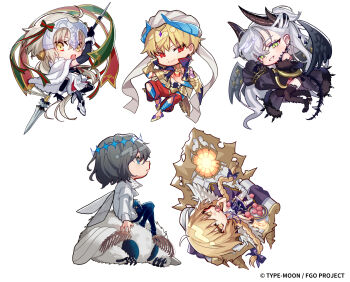 2boys 3girls ahoge angel_wings animal_feet arthropod_boy arthropod_limbs babydoll bell black_babydoll black_gloves black_thighhighs black_wings blanca_(fate) blonde_hair blue_eyes blue_pants boots bow braid bug capelet chair chibi chibi_only closed_mouth clothing_cutout commentary_request company_name copyright_name copyright_notice crown demon_girl demon_horns dragonfly_wings dress ear_piercing earrings eating elbow_gloves fate/grand_order fate_(series) feathered_wings food fur-trimmed_capelet fur_trim fur_wrist_cuffs gauntlets gilgamesh gilgamesh_(caster)_(fate) gilgamesh_(fate) gloves gold_earrings green_eyes green_ribbon grey_hair hair_between_eyes hair_bow hair_ribbon head_chain head_rest headpiece highres holding holding_food holding_polearm holding_weapon horns insect jeanne_d&#039;arc_(fate) jeanne_d&#039;arc_alter_santa_lily_(fate) jewelry lilith_(fate) lilith_(third_ascension)_(fate) long_hair long_sleeves looking_ahead looking_at_viewer lying macaron mebaru metatron_jeanne_(fate) metatron_jeanne_(first_ascension)_(fate) moth multiple_boys multiple_girls neck_ribbon neck_ring oberon_(fate) oberon_(third_ascension)_(fate) off_shoulder official_art on_back on_chair on_side open_mouth oversized_bug pants parted_lips piercing plate polearm puffy_long_sleeves puffy_sleeves purple_bow purple_ribbon purple_shorts red_eyes red_pants red_ribbon ribbon sandals shirt shorts shoulder_cutout shoulder_tattoo simple_background sitting sitting_on_animal sleeveless sleeveless_dress sleeveless_shirt sleeves_past_fingers sleeves_past_wrists slit_pupils smile tattoo teeth thighhighs turban twin_braids two-tone_ribbon unworn_crown upper_teeth_only weapon white_background white_boots white_capelet white_dress white_shirt white_thighhighs white_wings wings wrist_cuffs yellow_eyes