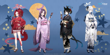 4girls absurdly_long_hair absurdres animal_ears animal_print bird_print black_eyes black_flower black_kimono blue_archive blue_halo cat_ears cat_girl cat_tail colored_eyelashes colored_inner_animal_ears copyright_logo copyright_name dragon_horns dragon_tail fang floral_print floral_print_kimono flower food freng full_body gradient_tail grey_eyes grin hair_bun hair_flower hair_ornament hair_ribbon hair_spread_out halo highres holding holding_food horns hyakkaryouran_(blue_archive) japanese_clothes kikyou_(blue_archive) kimono logo long_hair long_sleeves makeup multiple_girls multiple_tails nagusa_(blue_archive) obi off_shoulder official_alternate_costume official_art okobo open_mouth pink_flower platform_sandals ponytail print_kimono purple_eyes purple_hair purple_halo purple_kimono purple_ribbon red_eyes red_flower red_hair red_halo red_kimono renge_(blue_archive) ribbon sandals sash short_kimono sidelocks simple_background skin_fang smile snowflake_hair_ornament snowflake_halo standing tail two_tails very_long_hair white_background white_eyelashes white_halo wide_sleeves yukari_(blue_archive)